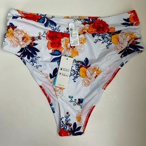 CupShe Bikini Bottom High Waist White Floral Cheeky Size XL NWT